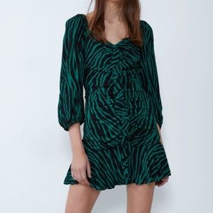 NWT ZARA mini dress front ruched flare zebra